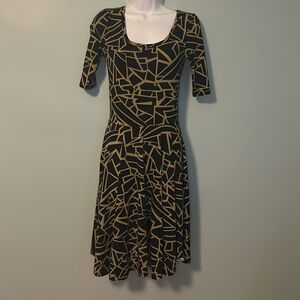 LuLaRoe Simply Comfortable Navy/Gold Graphic Print Dress, XS